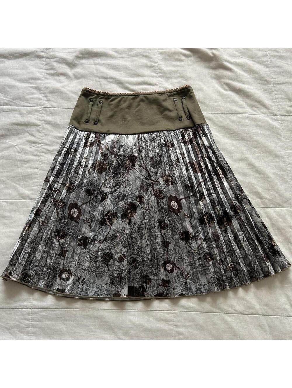 Ozz Oneste Olive Green Gray Floral Paisley Pleated A-Line Skirt Small Japan